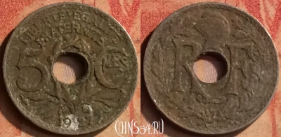 Франция 5 сантимов 1927 г., редкая, KM# 875, 415-127