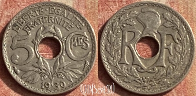 Франция 5 сантимов 1930 года, KM# 875, 146p-019