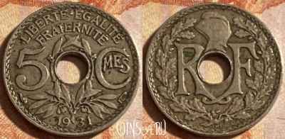 Франция 5 сантимов 1931 года, KM# 875, 491р-017 ♛