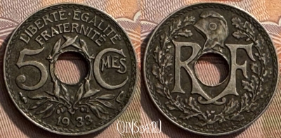 Франция 5 сантимов 1933 года, KM# 875, 270s-051 ♛