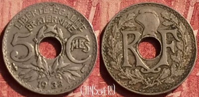 Франция 5 сантимов 1933 года, KM# 875, 350o-045