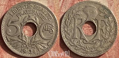 Франция 5 сантимов 1934 года, KM# 875, 144p-107