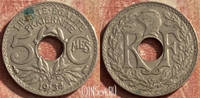 Франция 5 сантимов 1934 года, KM# 875, 145p-102