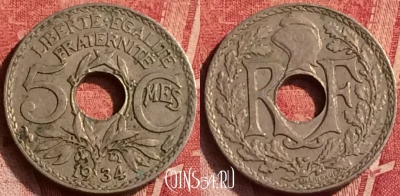 Франция 5 сантимов 1934 года, KM# 875, 367o-083 ♛