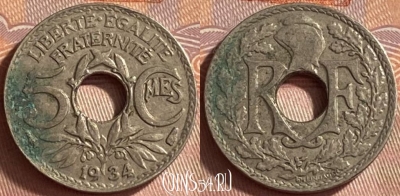 Франция 5 сантимов 1934 года, KM# 875, 420o-141