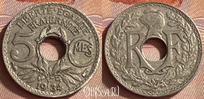 Франция 5 сантимов 1934 года, KM# 875, 421o-083