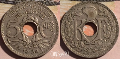 Франция 5 сантимов 1934 года, KM# 875, a104-132