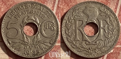 Франция 5 сантимов 1935 года, KM# 875, 102q-057