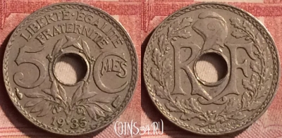 Франция 5 сантимов 1935 года, KM# 875, 108m-137