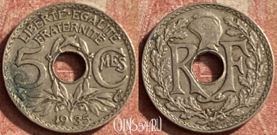 Франция 5 сантимов 1935 года, KM# 875, 146p-053