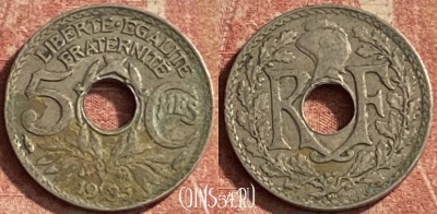 Франция 5 сантимов 1935 года, KM# 875, 146p-092