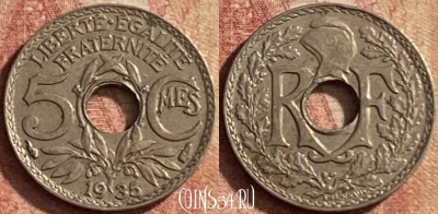 Франция 5 сантимов 1935 года, KM# 875, 146p-136