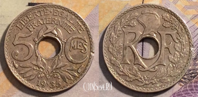 Франция 5 сантимов 1935 года, KM# 875, 162-124