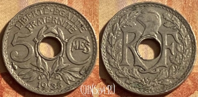 Франция 5 сантимов 1935 года, KM# 875, 208p-037
