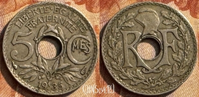 Франция 5 сантимов 1935 года, KM# 875, 289s-089