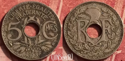 Франция 5 сантимов 1935 года, KM# 875, 367o-020