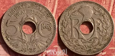 Франция 5 сантимов 1935 года, KM# 875, 367o-063