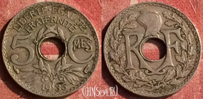 Франция 5 сантимов 1935 года, KM# 875, 399-133