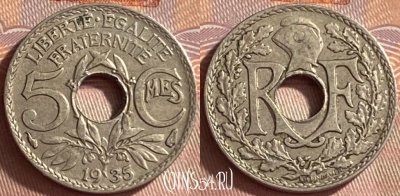 Франция 5 сантимов 1935 года, KM# 875, 421o-015