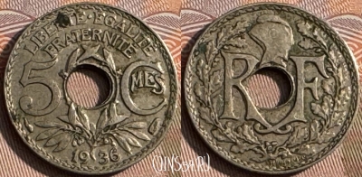 Франция 5 сантимов 1936 года, KM# 875, 138s-054