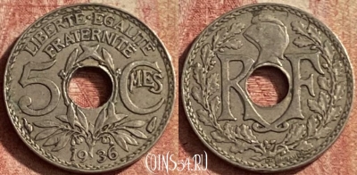 Франция 5 сантимов 1936 года, KM# 875, 146p-081