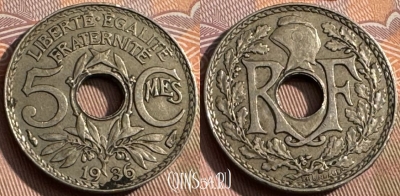 Франция 5 сантимов 1936 года, KM# 875, 165s-046