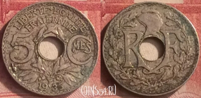 Франция 5 сантимов 1935 года, KM# 875, 187m-090