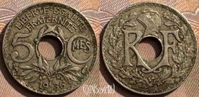 Франция 5 сантимов 1936 года, KM# 875, 309s-106