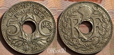 Франция 5 сантимов 1936 года, KM# 875, 312s-048