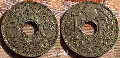 Франция 5 сантимов 1936 года, KM# 875, 321s-017