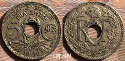Франция 5 сантимов 1936 года, KM# 875, 341s-071