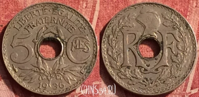 Франция 5 сантимов 1936 года, KM# 875, 367o-078