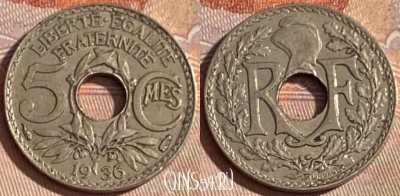 Франция 5 сантимов 1936 года, KM# 875, 396p-074 ♛