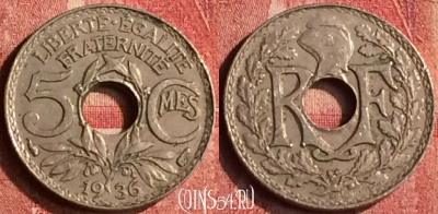 Франция 5 сантимов 1936 года, KM# 875, 400-007