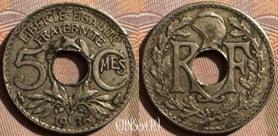 Франция 5 сантимов 1936 года, KM# 875, 404s-105