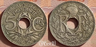 Франция 5 сантимов 1936 года, KM# 875, 421o-005 ♛