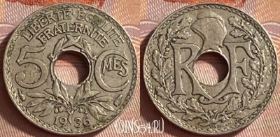 Франция 5 сантимов 1936 года, KM# 875, 421o-105