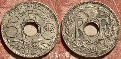 Франция 5 сантимов 1936 года, KM# 875, 461q-272 ♛