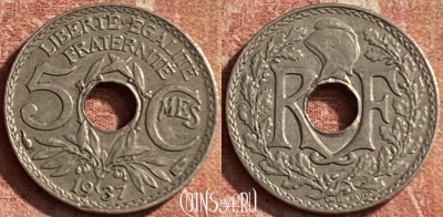 Франция 5 сантимов 1937 года, KM# 875, 148p-024