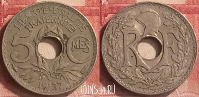 Франция 5 сантимов 1937 года, KM# 875, 183m-026 ♛