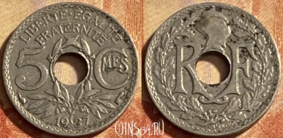Франция 5 сантимов 1937 года, KM# 875, 207p-068