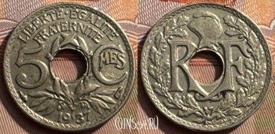 Франция 5 сантимов 1937 года, KM# 875, 258s-098 ♛