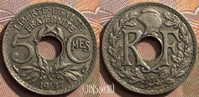 Франция 5 сантимов 1937 года, KM# 875, 263s-114