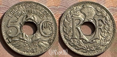 Франция 5 сантимов 1937 года, KM# 875, 314s-054 ♛