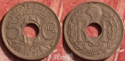 Франция 5 сантимов 1937 года, KM# 875, 367o-094