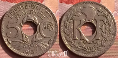 Франция 5 сантимов 1937 года, KM# 875, 394o-014