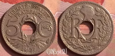 Франция 5 сантимов 1937 года, KM# 875, 394o-015 ♛