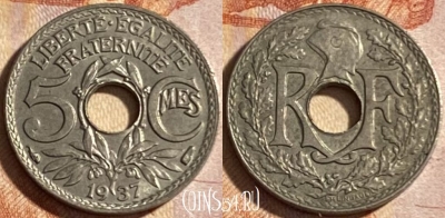 Франция 5 сантимов 1937 года, KM# 875, 491р-018 ♛