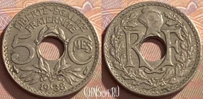 Франция 5 сантимов 1938 года, KM# 875, 217p-048