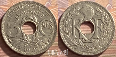 Франция 5 сантимов 1938 года, KM# 875, 217p-050
